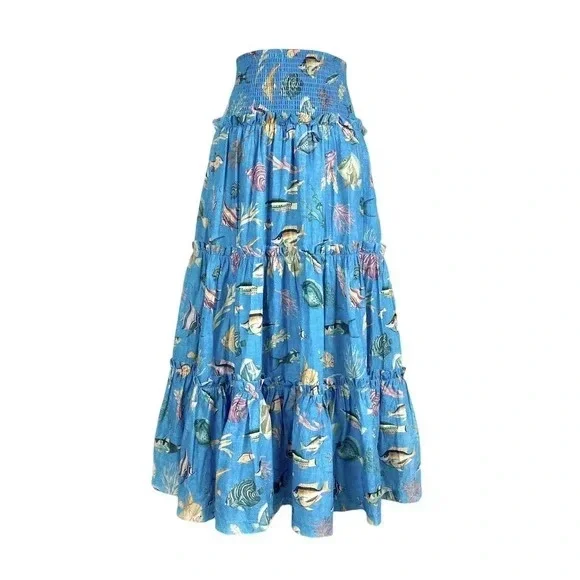 Alemais Otto Fish-Print Textured Cotton Crop Top and Maxi Blue Skirt